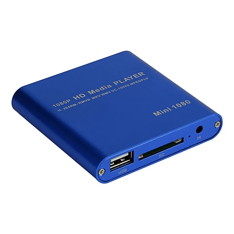 Compact blue metal 1080P Full HD media player with HDMI for USB and SD cards