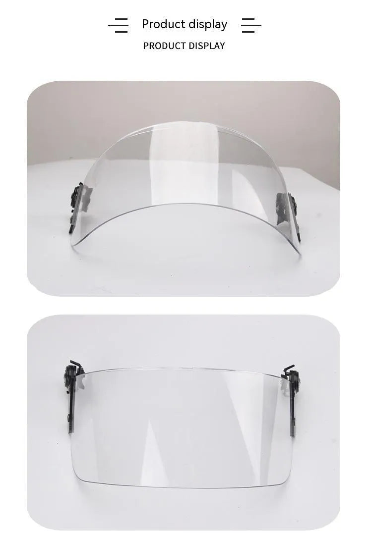 Transparent PC guide rail helmet mask with semi-rimless design measuring 30 by 15 cm