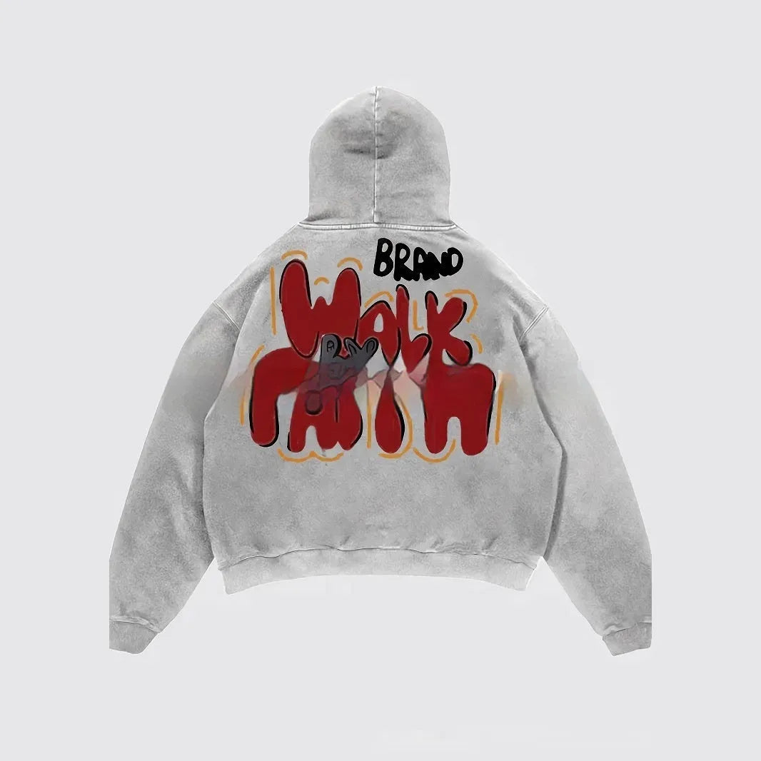 Granny grey hoodie with vintage character letter print and pocket