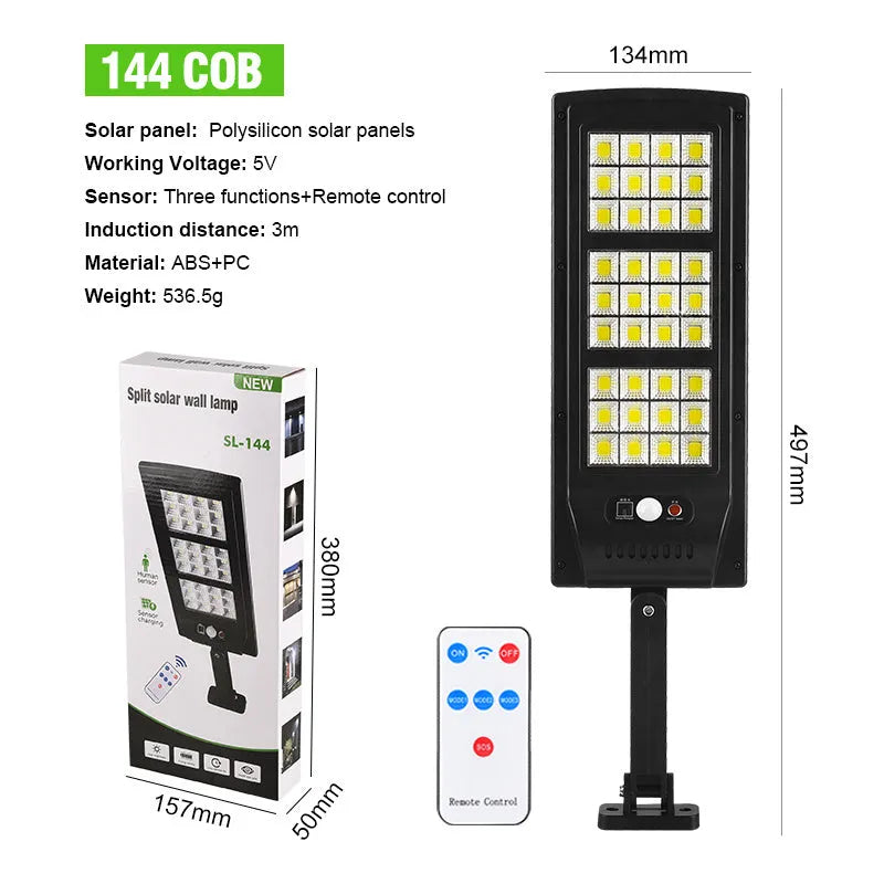 Outdoor plastic solar street light with solar panel on top and remote control for garden path lighting.