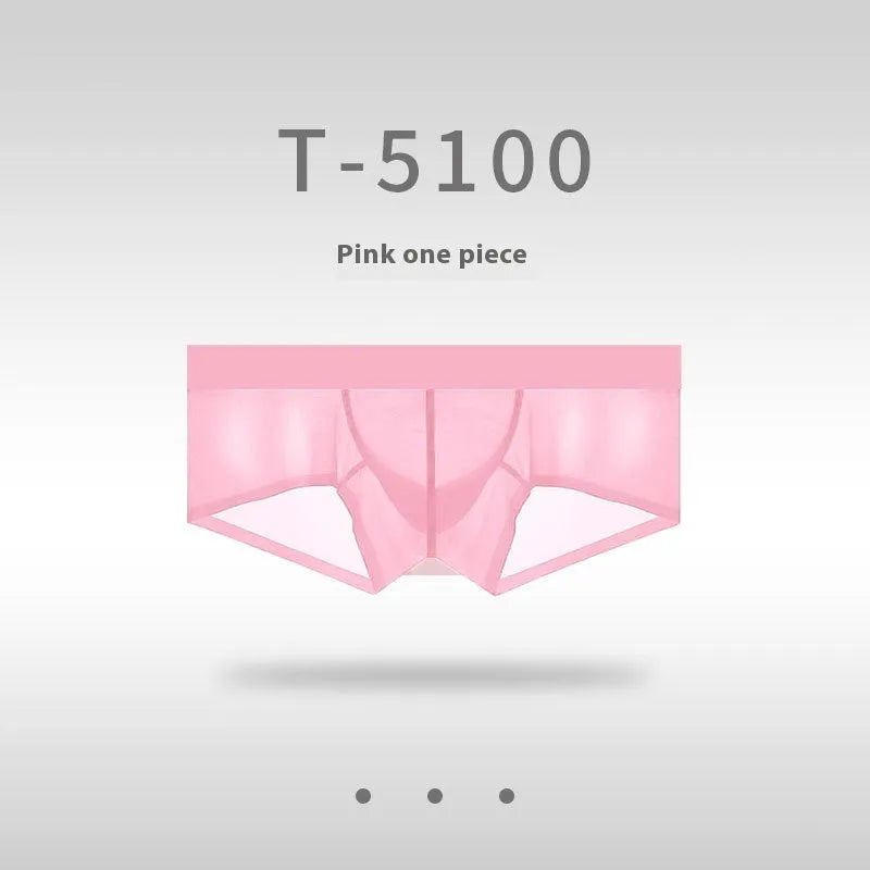 Men's seamless low-waist underwear in ice silk nylon, shown in multiple colours including light blue, chocolate, and white.