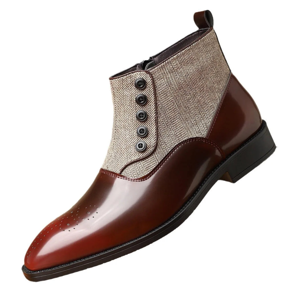 Men's brown retro formal shoes with side zipper and square toe on a white background.