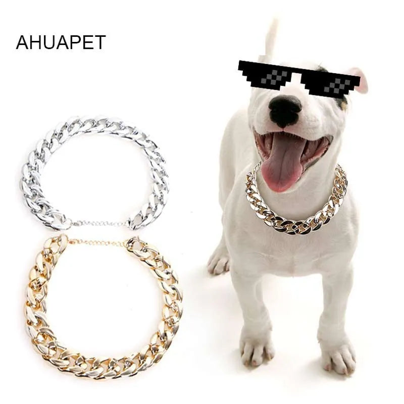 Geometric twisted chain dog collar ornament in metallic gold or white finish, shown with chain buckle.