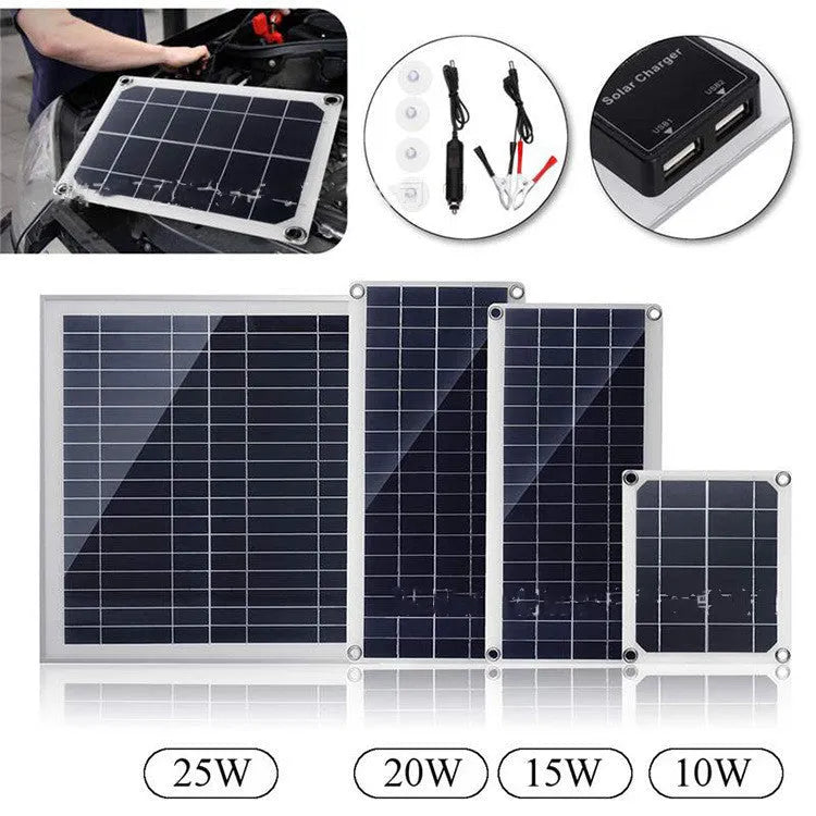 Polysilicon solar panel with dual USB ports for outdoor charging of phones and tablets.