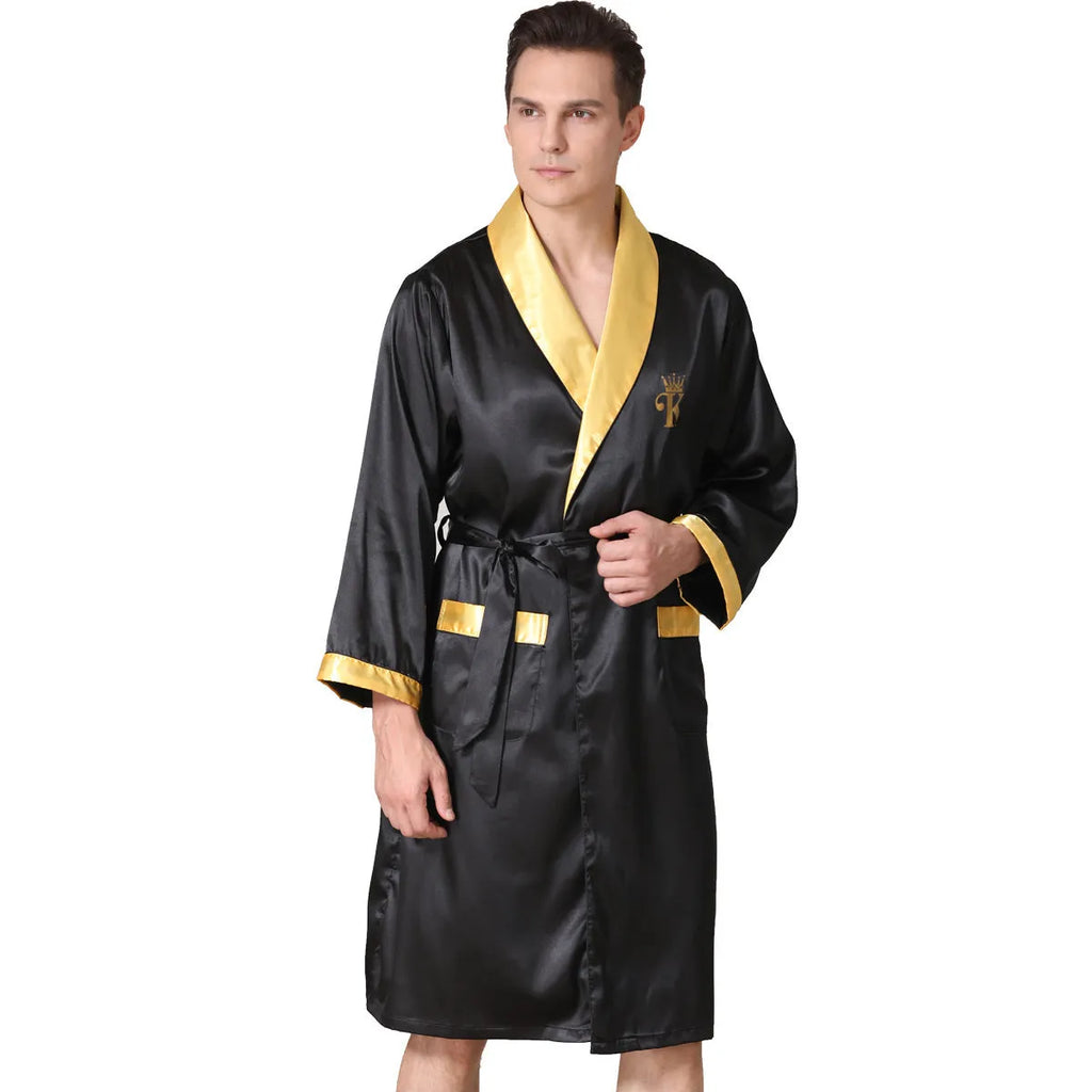 Man wearing a lightweight black and yellow collar rayon polyester bathrobe for summer.