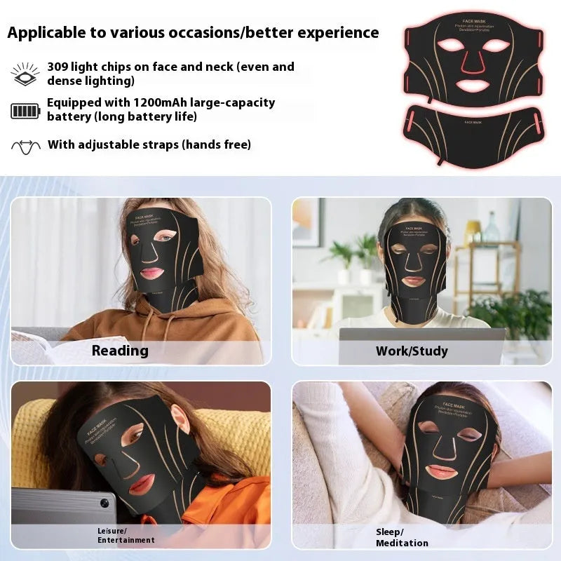 Black gold coloured IPL and LED photon beauty mask device with a headband and touch screen button.