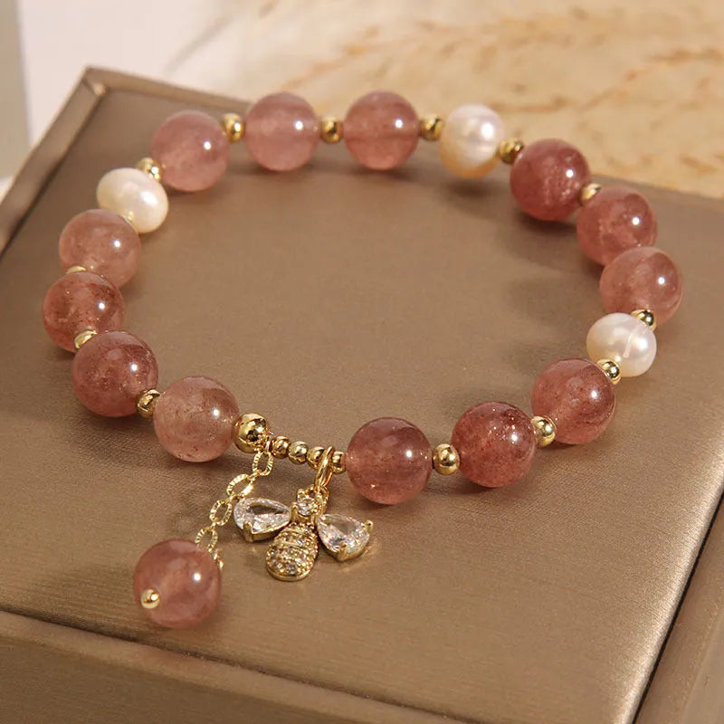 Women's freshwater pearl and strawberry quartz bracelet with zircon accents, Japanese and South Korean style