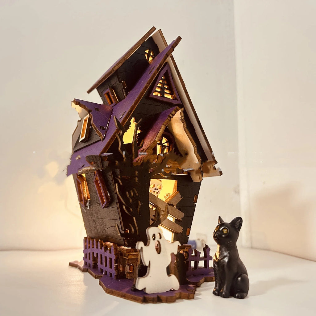 Wooden haunted house Halloween table decoration with luminous finish