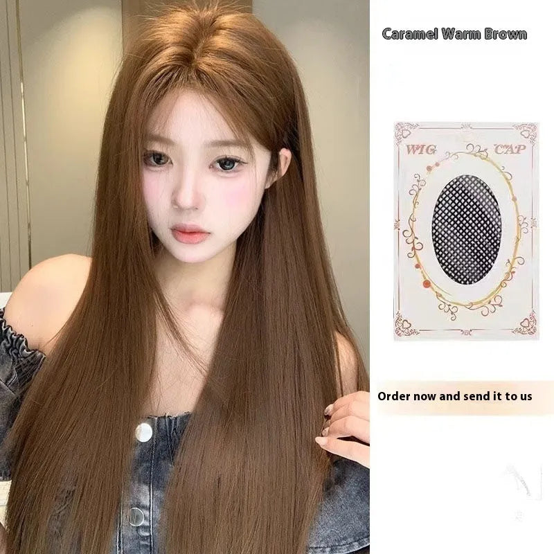 Warm brown lace front wig with long straight hair and centre-parted bangs.