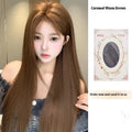 Warm brown lace front wig with long straight hair and centre-parted bangs.