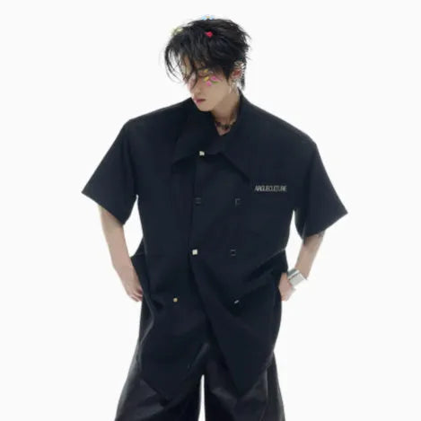 Men's loose fit short-sleeved summer shirt with lapel collar and spliced detailing