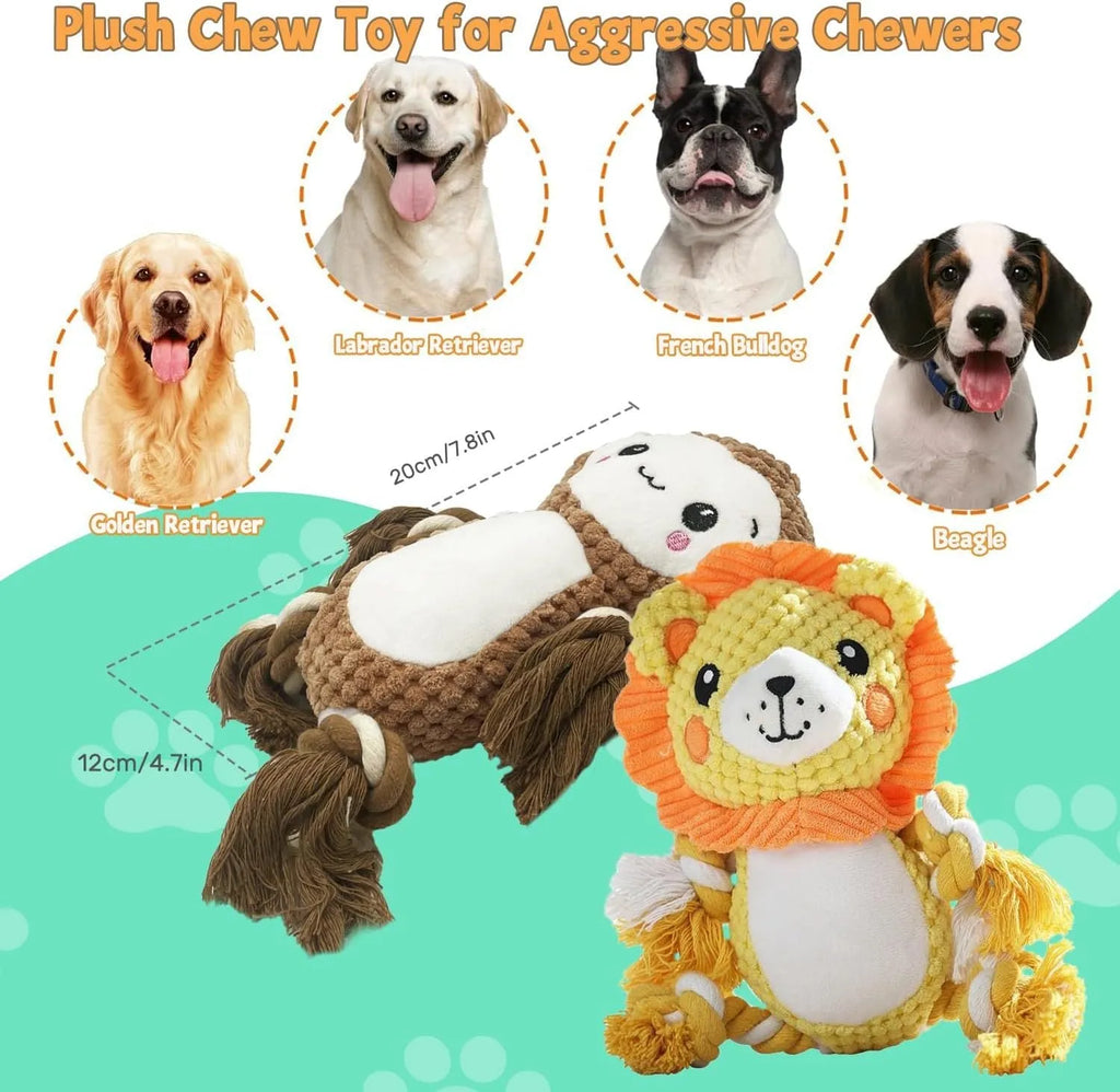 Lion and monkey soft plush squeaky dog toys side by side