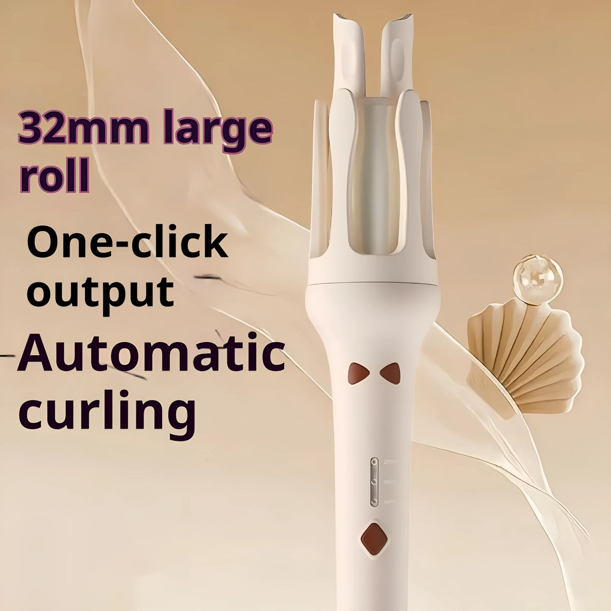 Automatic hair curler with 32mm barrel in white and pink colour variant, includes power adapter.