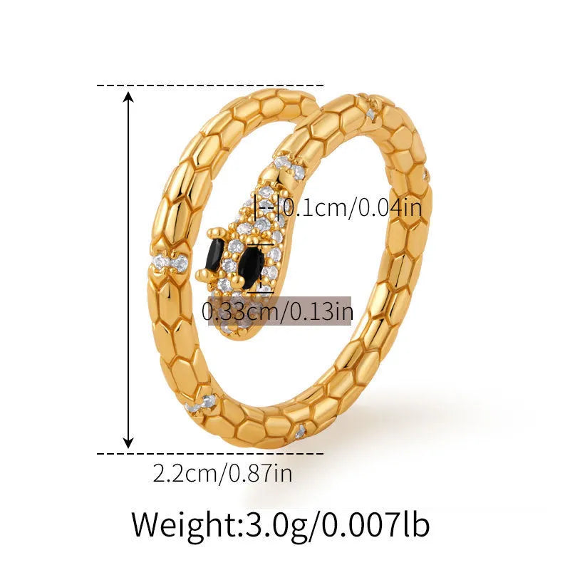Adjustable copper snake ring with 18K gold colour plating and open mouth design