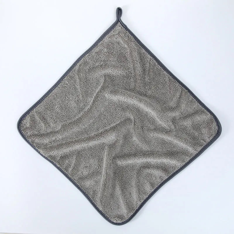 Small braid twisted grey car cleaning towel with red edge option, shown in multiple sizes for glass washing.