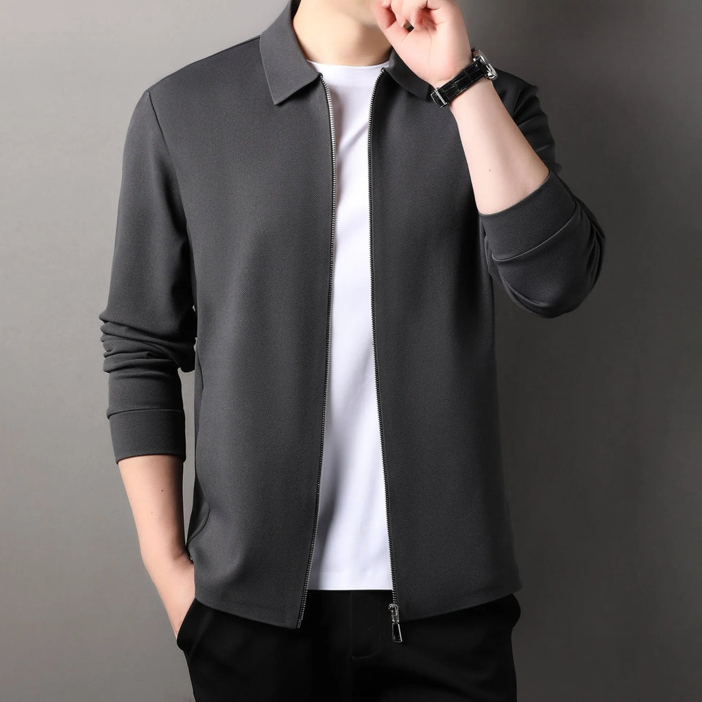Men's straight hem polyester jacket in apricot, black, and dark grey colours.