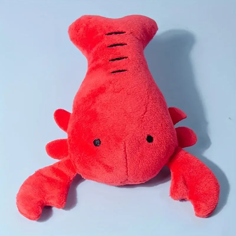 Red lobster stuffed squeaky dog toy for small and medium breeds on white background
