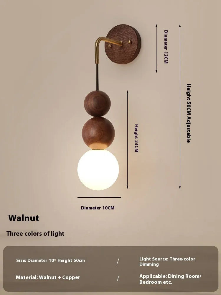 Wood and copper hanging wall lamp with circular 10cm diameter design and tricolour lighting