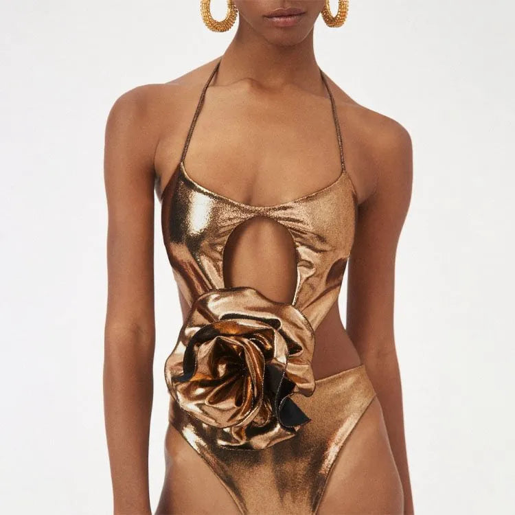 Gold handmade halter neck one-piece swimsuit with hollow-out detailing