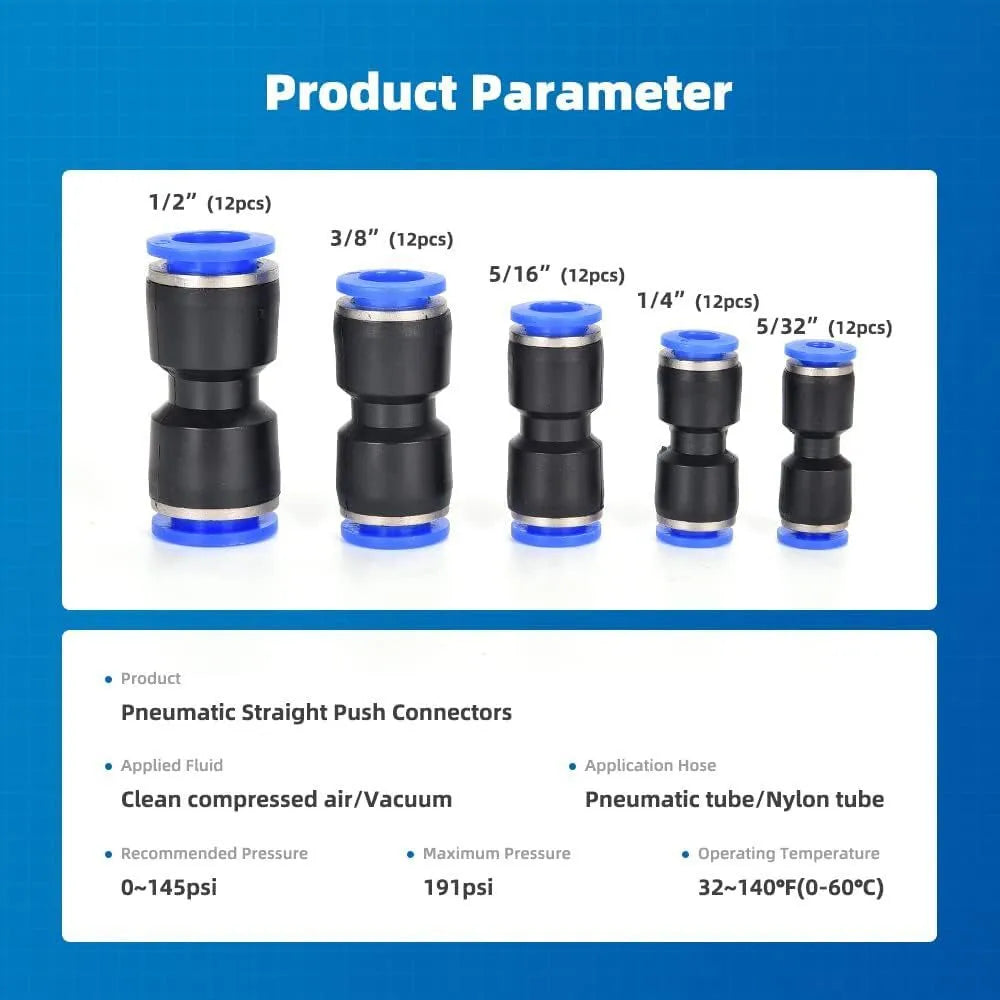 60-piece pneumatic push-in connector set with R1/4 and R1/2 thread sizes
