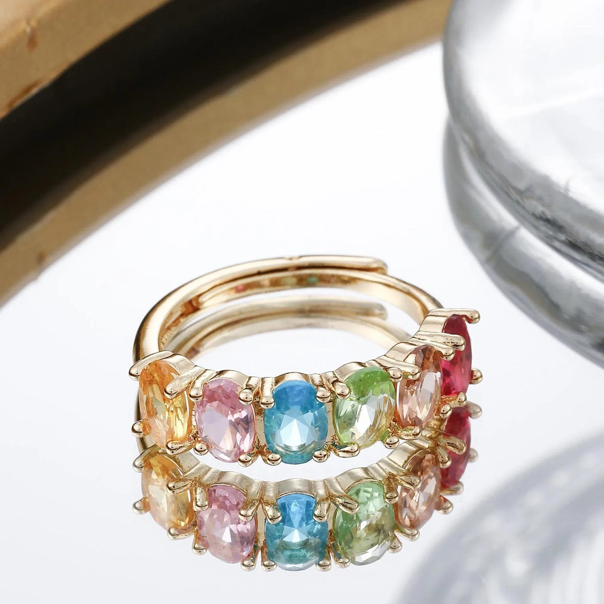 Gold colour adjustable zircon ring for women with simple retro design