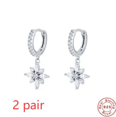 S925 sterling silver snowflake pendant earrings with gemstone inlay in yellow gold or white gold colour options