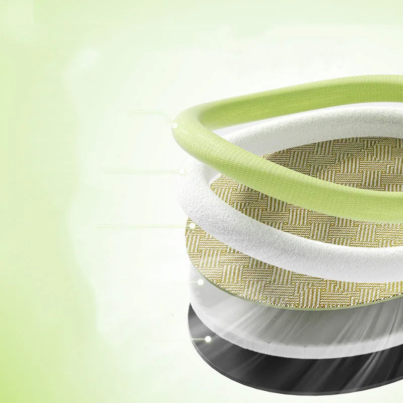Green fruit-design pet bed with raised backrest, size L shown next to a teddy dog.