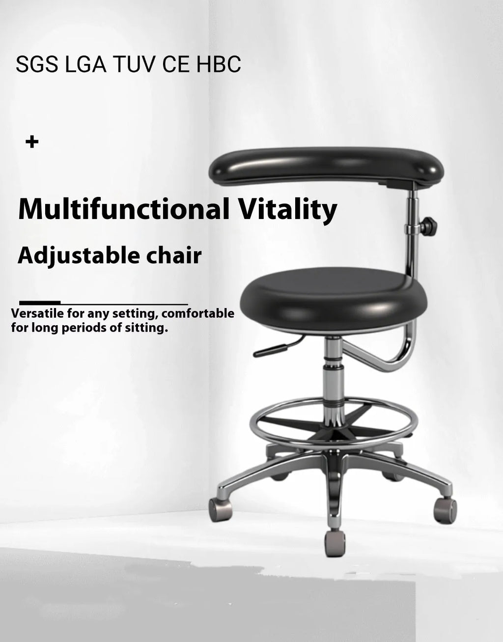 Black leather dental hospital chair with hydraulic height adjustment mechanism