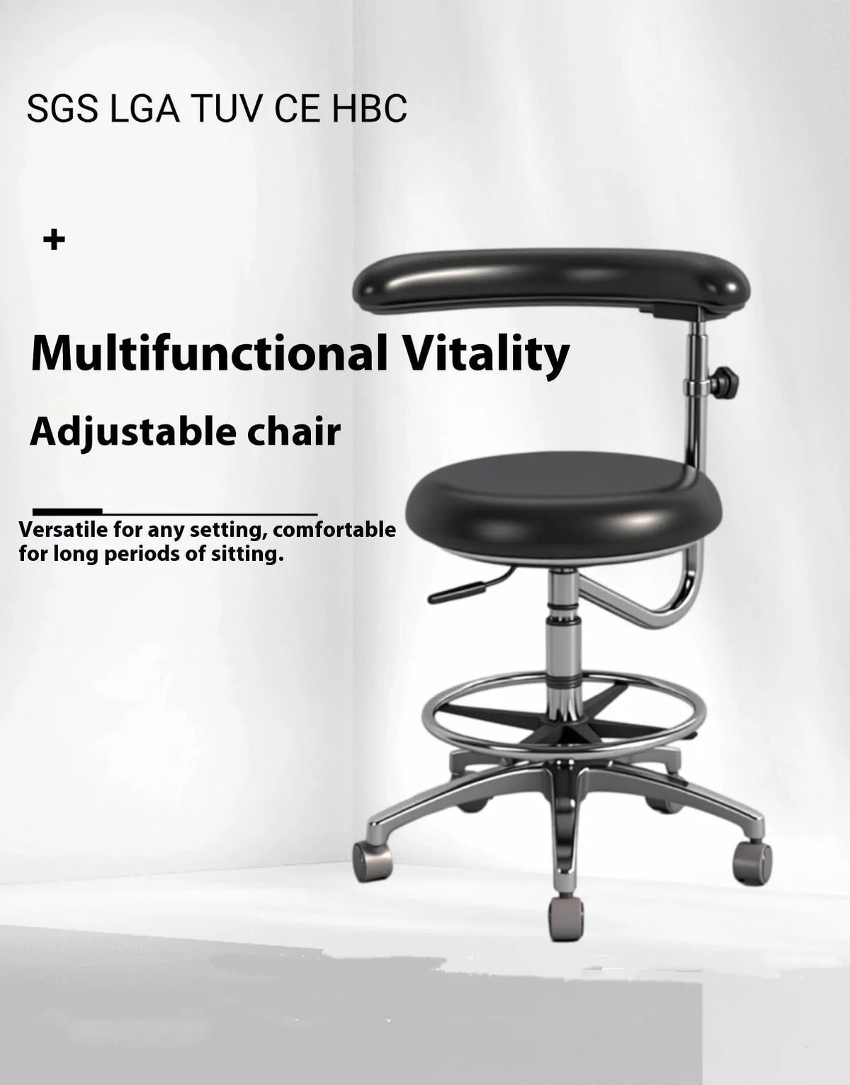 Black leather dental hospital chair with hydraulic height adjustment mechanism