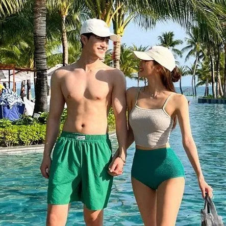 Women's high waist backless swimsuit set with nylon lining, blue or green, top and shorts