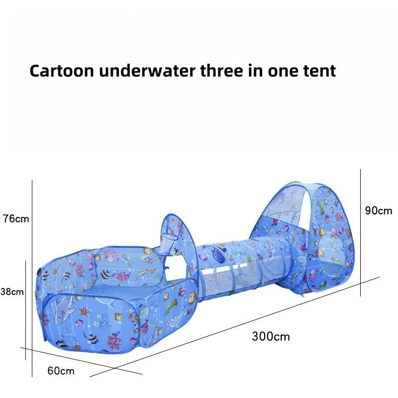 Three-in-one children's play tent centre with ball pool and tunnel in marine cartoon theme