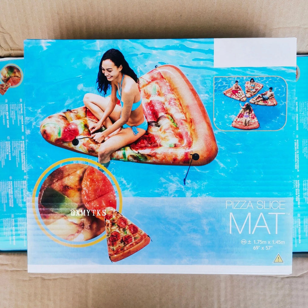 Large inflatable pizza slice surfboard recliner floating in a pool, showing its 175cm length and colourful design.