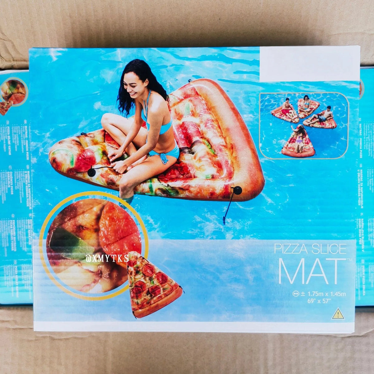 Large inflatable pizza slice surfboard recliner floating in a pool, showing its 175cm length and colourful design.