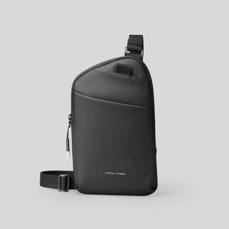 Men's elegant black lightweight crossbody bag made from Oxford cloth with visible stitching.