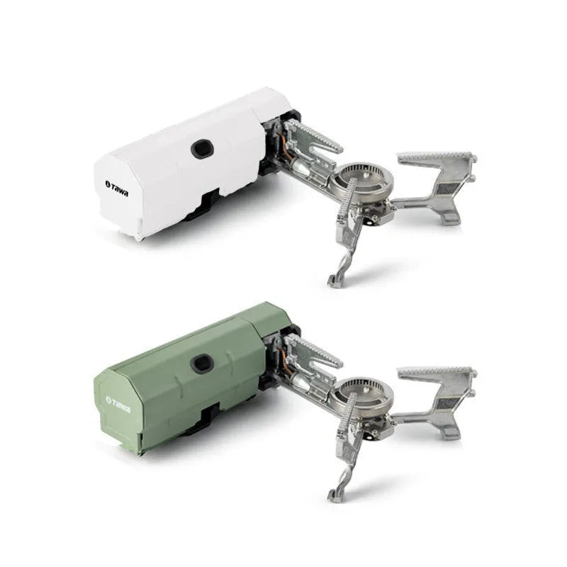 Green folding camping gas stove with serrated cooking bracket and adjustable control valve