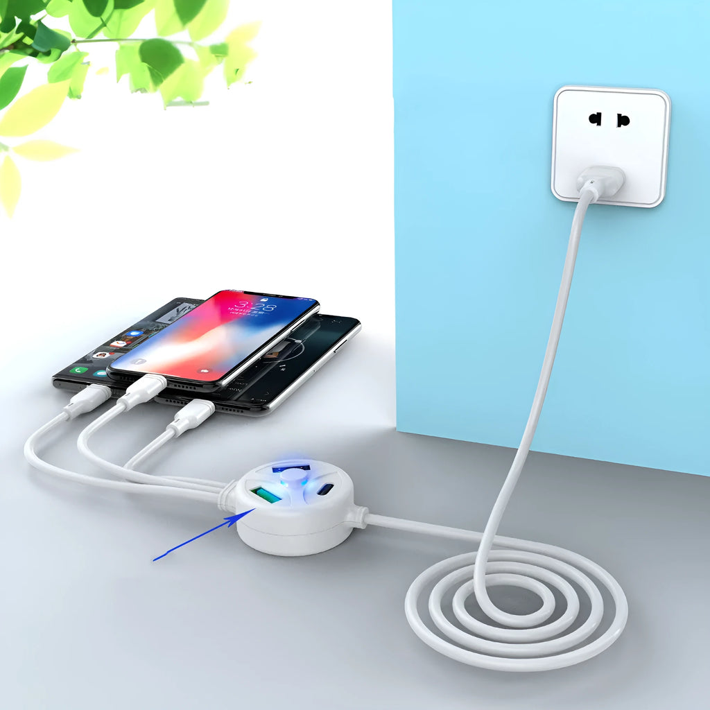 White PVC phone charging cable with USB, Micro USB, and TYPE-C connectors on a 1.2m length