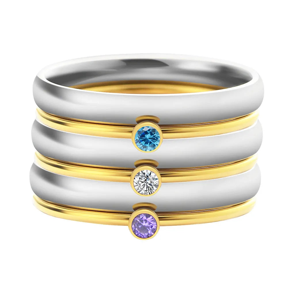 December birthstone geometric engraved titanium steel ring with gold lettering on band