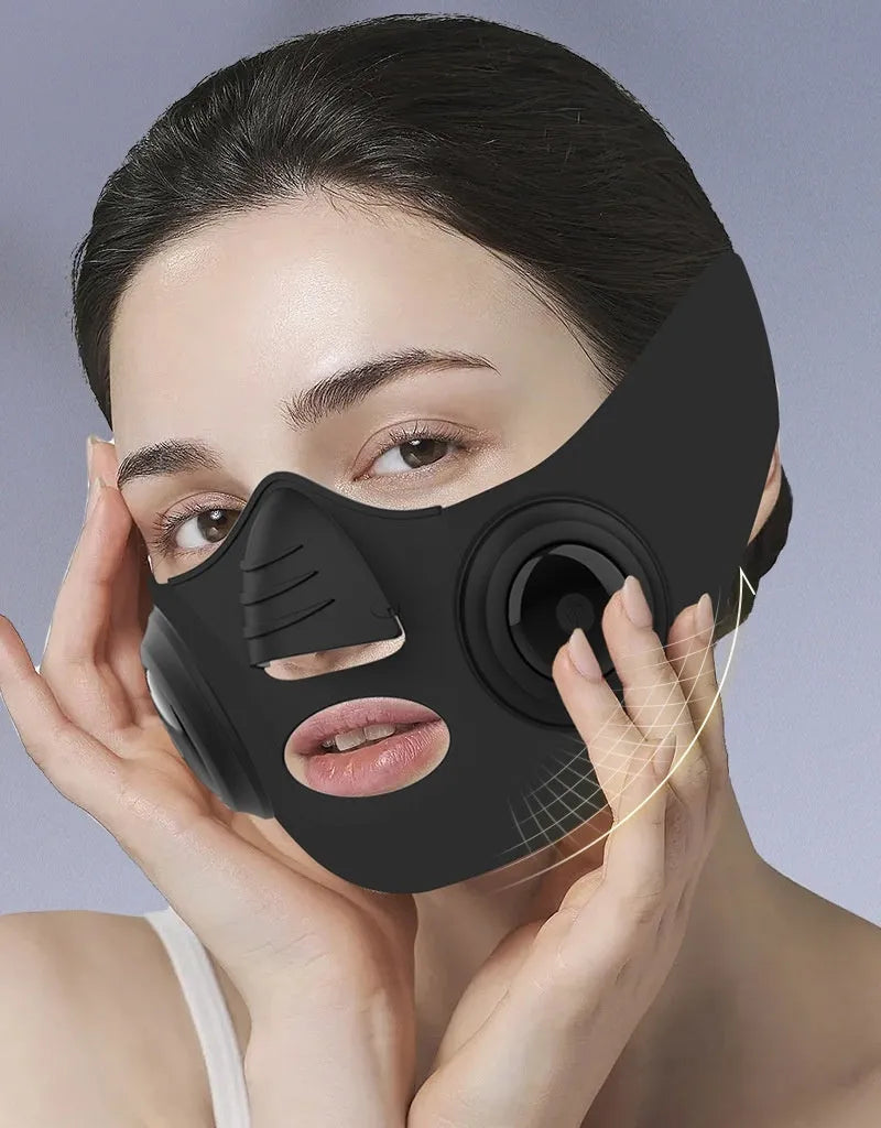 Black photon beauty mask device with a facial mask, showing USB port and control buttons.