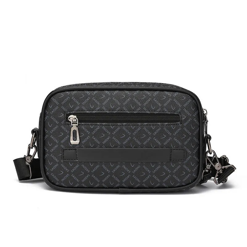 Men's geometric pattern shoulder messenger bag in PU leather with large capacity and horizontal design