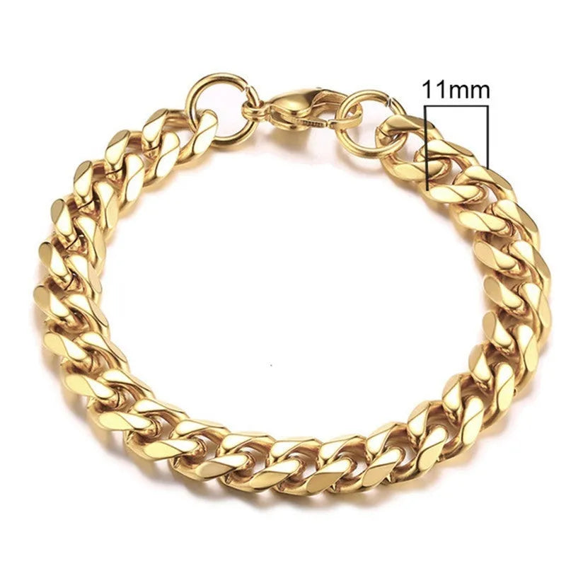 Geometric six-sided Cuban link metal bracelet in gold finish on a grey background.