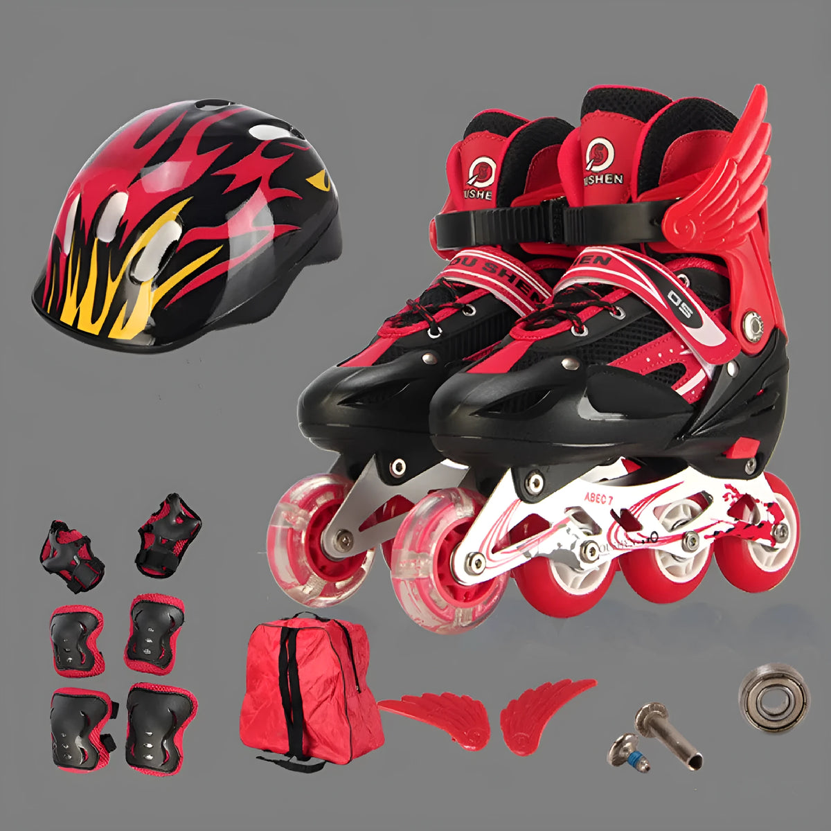 Children's adjustable PU skate shoes in various colours with helmet, protective pads, and backpack.