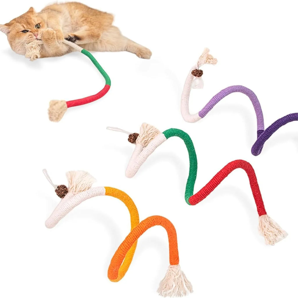 70cm long cotton cat bite rope toy in three colours: purple, orange, and red with green.