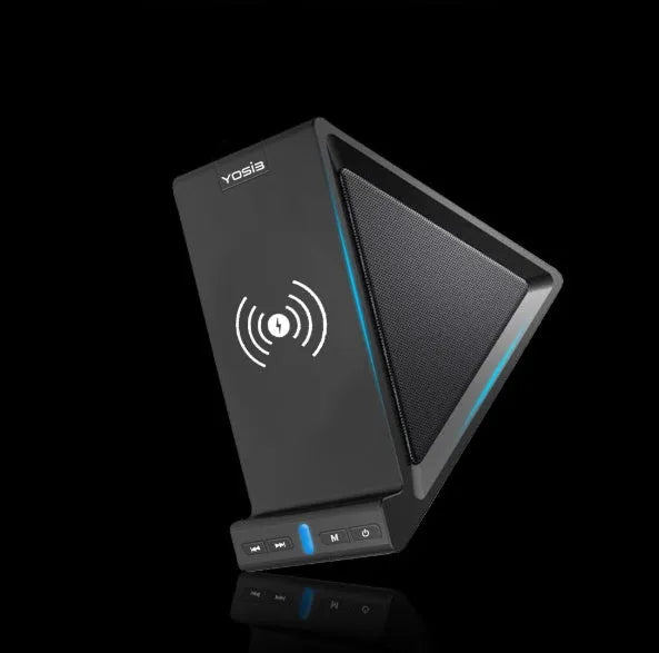 Black multifunctional mobile phone holder with built-in Bluetooth speaker and wireless charging capability