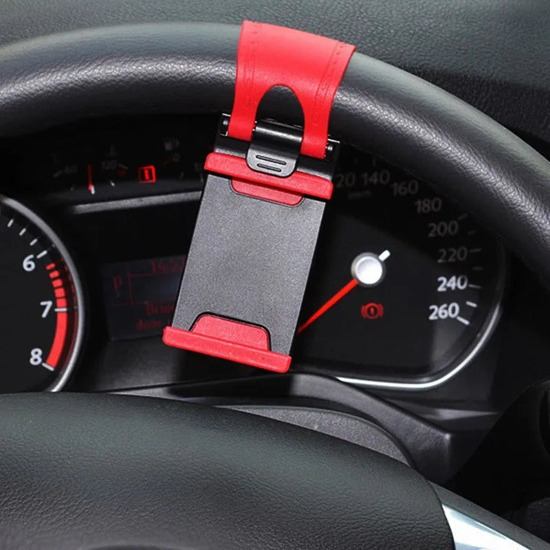 Black and red universal car steering wheel clip mount holder for mobile phones and GPS.