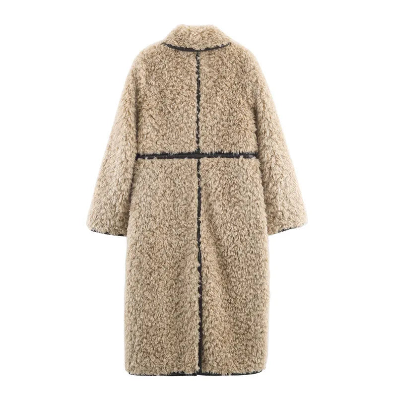 Women's khaki fleece long overcoat with spandex blend, shown in size XS to L