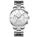 Men's stainless steel quartz watch with black dial and silver chain showing calendar display