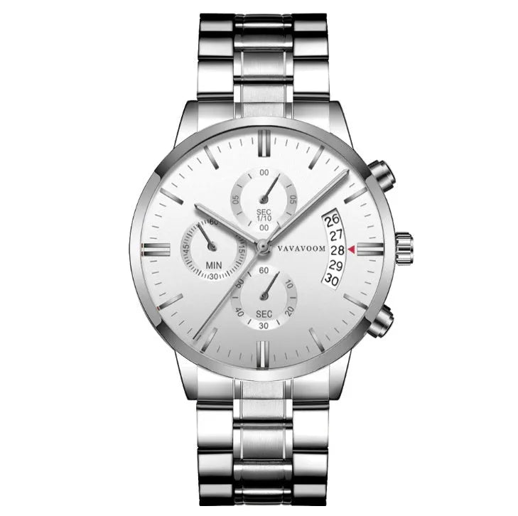 Men's stainless steel quartz watch with black dial and silver chain showing calendar display