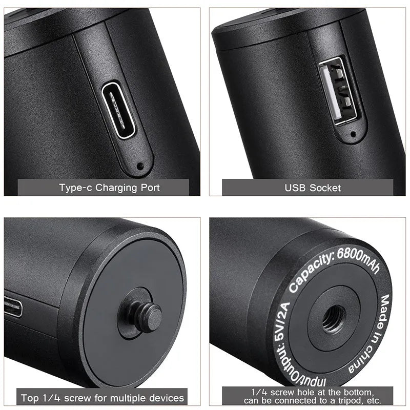 Black aluminium alloy portable power bank with handle showing 6800mAh capacity