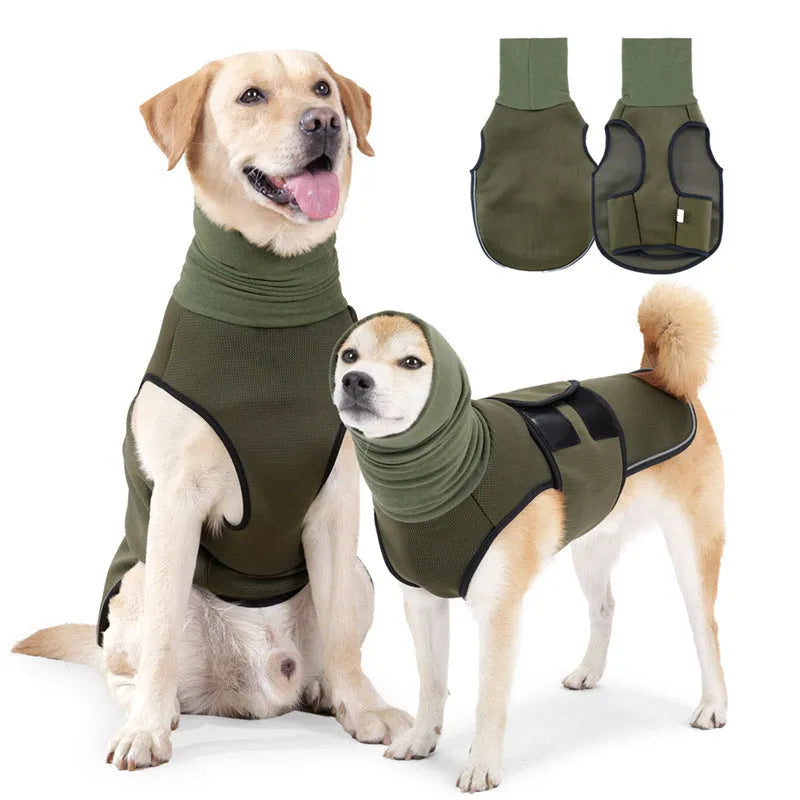 Polyester dog anti-anxiety jacket in army green colour showing wrap-around design for size M