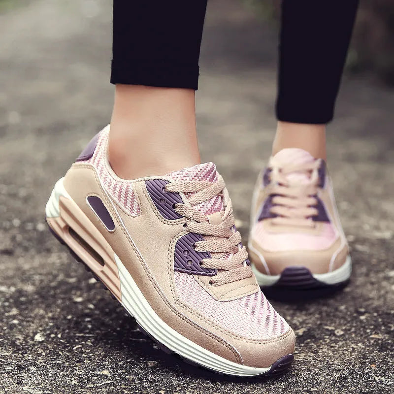 Women's casual low-heel shoes in beige orange, grey, and pink purple colours, showing soft fabric upper.
